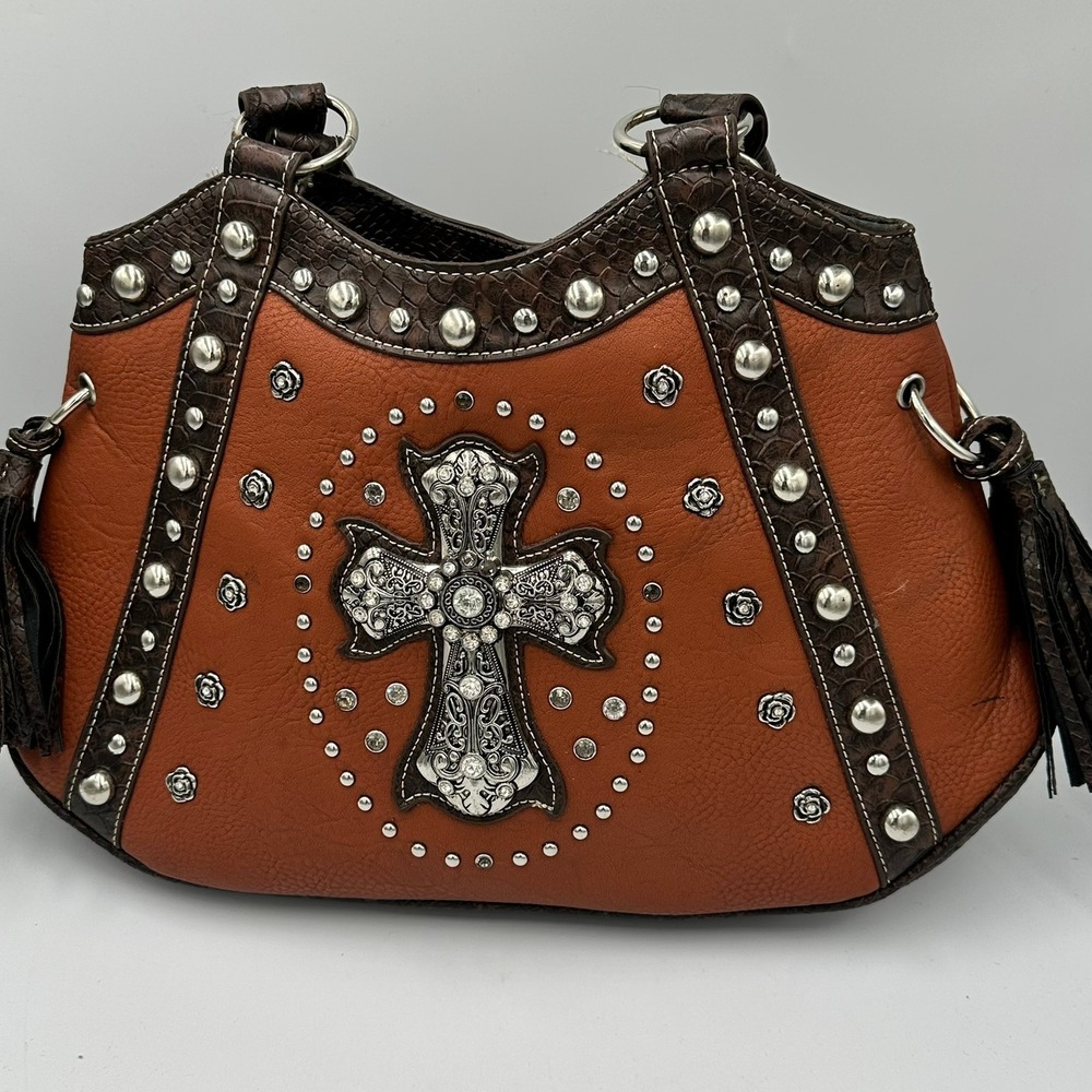 P&G Western Shoulder Bag Womens Large Orange Brown Rhinestone Cross Studded Boho